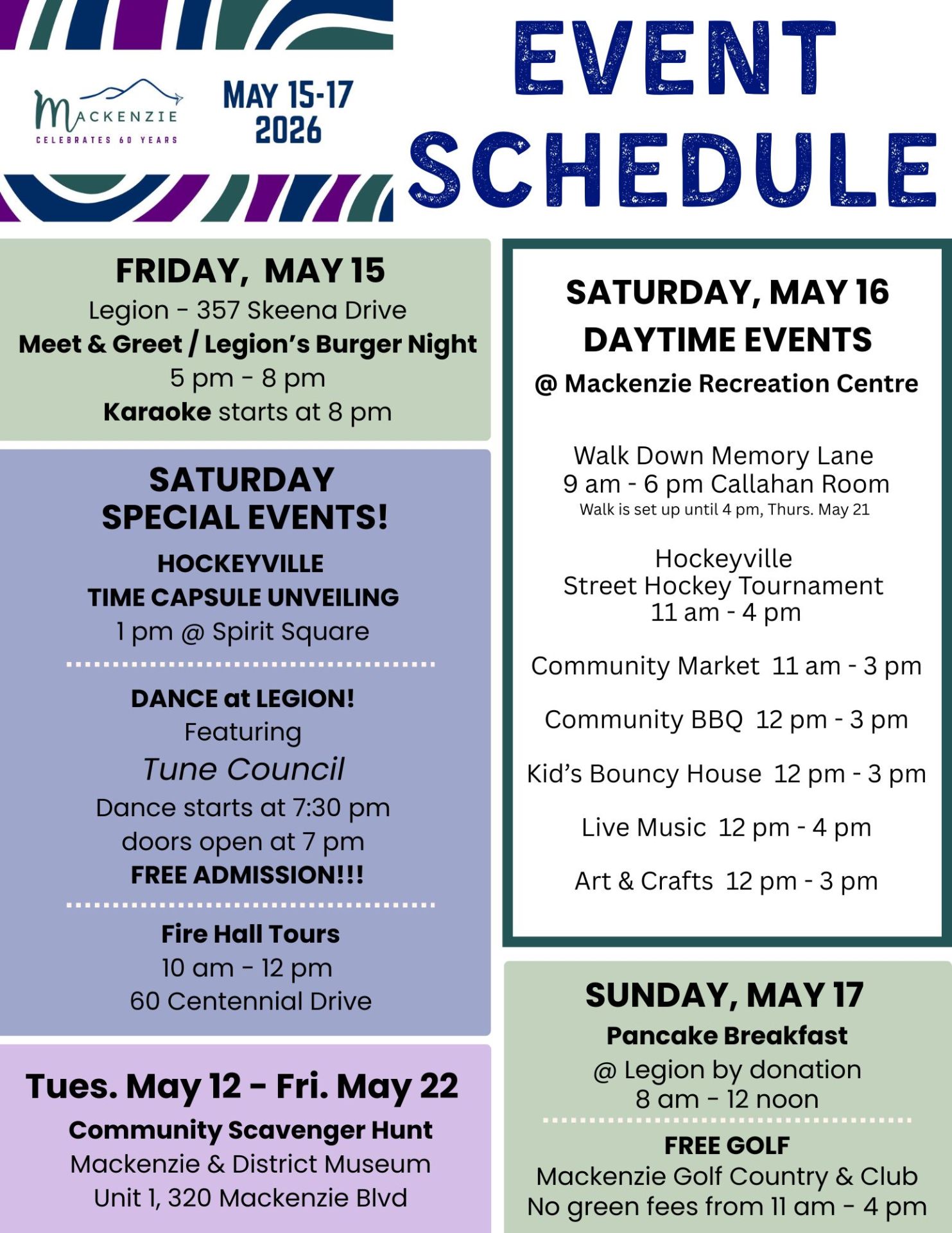Schedule for Mackenzie 60th Celebrations